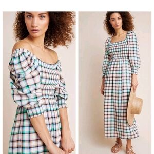 Anthropologie Maeve Smocked Plaid Midi Dress Small